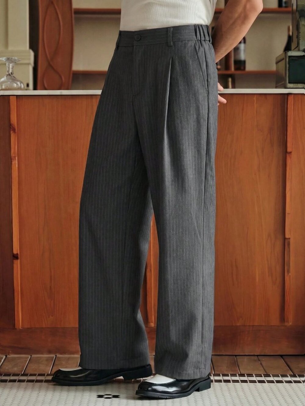 Hunter Green Business Men's Striped Print Pleated Dress Pants
